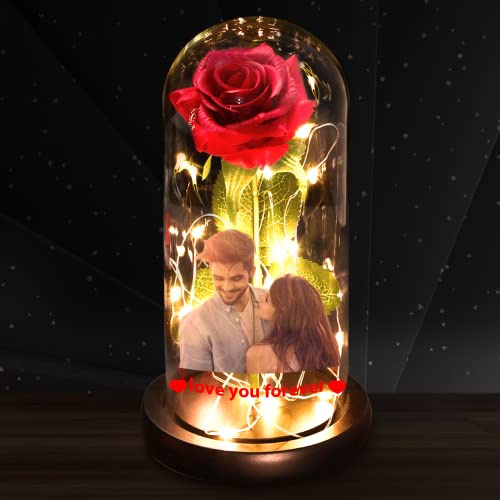 Custom Photo Rose Light, Rose in Glass Dome with LED Lights Eternal Flower Lamp with Picture Text,Gift in Mother's Day Valentines Anniversary Birthday