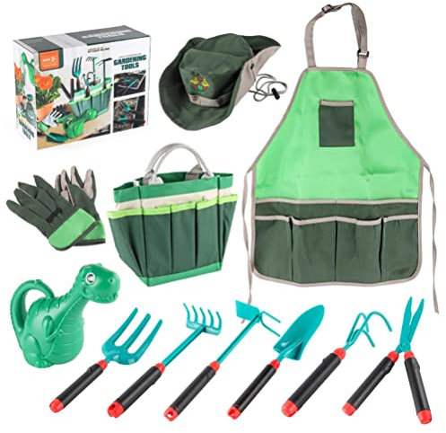 Garden Tools Set for Children, 11 Pieces Garden Toys for Children with Carry Bag, Spade, Rake, Fork, Apron, Gloves, Watering Can, Garden Toy Set, Gift for Boys and Girls