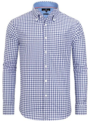 Alimens & Gentle Men's Plaid Button Down Shirts Cotton Long Sleeve Dress Shirts Regular Fit Gingham Shirts, Blue, Gingham, XL