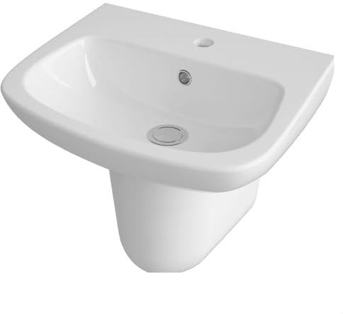 Balterley 500mm Bathroom Sink, Semi Pedestal Ceramic Soft Square Bowl Bathroom Wash Basin Sink with Overflow, 1 Tap Hole, Wall Mounted Basin Sinks for Cloakroom - 500 x 400 x 415mm (White)