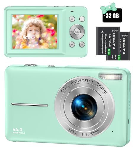 Digitalkamera 44MP 1080P FHD Fotokamera Kompaktkamera 16X Digitalzoom Fotoapparat mit 32GB Speicherkarte, Digital Kamera für Kinder, Teenager, Anfänger, Jungen, Mädchen(Grün)