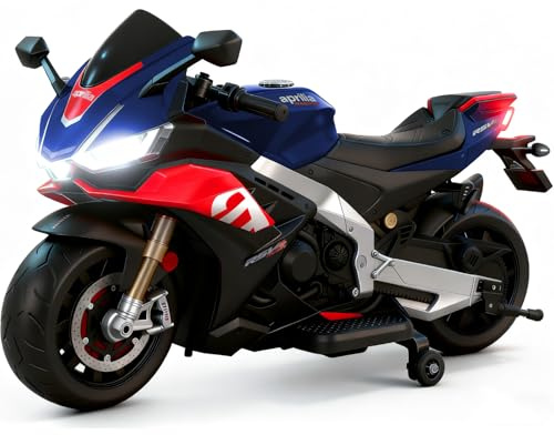 TCARAIWEN Kinder Motorrad Elektro 12V, Aprilia Lizenziertes Elektromotorrad für Kinder von 3-6 Jahren, mit Bluetooth, MP3, Licht, Stützrädern und Geländereifen(Gewöhnlicher Motorren - 12V, Blau)