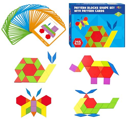 SpriteGru 215-teiliger Holz-Musterblock-Satz, 24 doppelseitige Designkarten, Musterbauformen, pädagogisches geometrisches Form-Puzzle, lustiges Tangram für Kinder im Alter von 4-8 Jahren