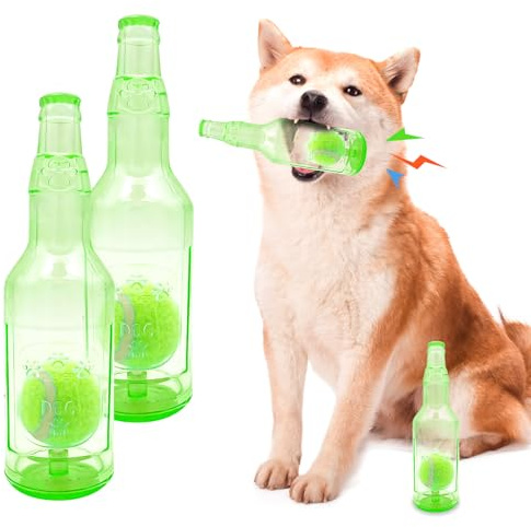 Cxqbsmy 2-Pack Squeaky Dog Chew Toys, Indestructible Dog Chew Toys, Plastic Bottle Toys for Dogs with Tennis Ball, Dogs Dental Care Teeth Cleaning Toy for Large and Small Dog (2 PCS Green, Large)