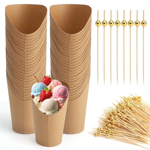 DAWRIS 50 Vasos De Papel De Estraza de 12 oz con 200 Palitos Brochetas de Madera, Cajas Para Papas Fritas De Papel Kraft, Vasos De CartóN Para Alimentos para Waffles, Palomitas de Maíz, Para Fiestas