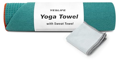 YESLIFE Non-Slip Extra Thick Hot Yoga Towel with One Sweat Towel, Microfiber Sweat Absorbent Yoga Mat Towel with Grip Dot, Pilates Mat, 72 x 24, Cyan