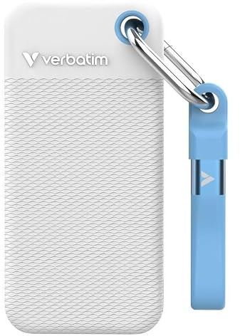 Verbatim Pocket SSD 1 TB, extern SSD USB 3.2 Gen 2, upp till 1 000 MB/s läsning och skrivning, extern hårddisk inkl. 2 gummifodral (vitt och ljusblå), för PC, Mac och konsol, vit