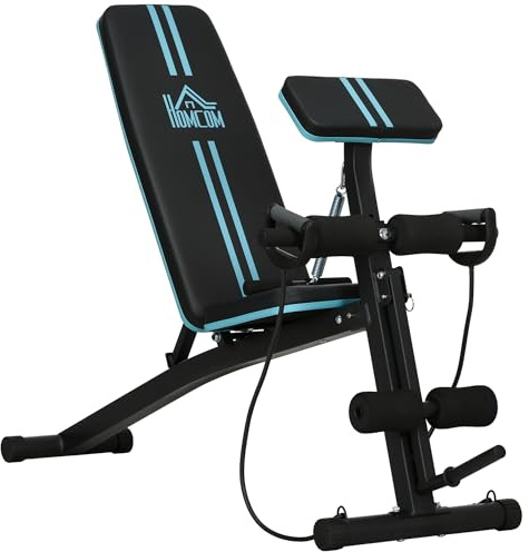 HOMCOM Banco de Musculación Plegable, Banco de Pesas, Respaldo Inclinable de 7 Niveles, Extensión de Pierna, Cojín de Predicador, Banda de Resistencia, para Entrenamiento Completo, Casa Gimnasio, Azul