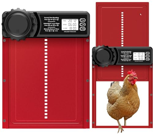 MASTERFUN - Puerta de gallinero automática con control de temporizador | Pantalla LCD programable impermeable, puerta automática gallinero de aleación de aluminio, función antipellizco, rojo