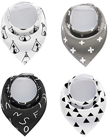 DOTBUY Baby Dreieckstuch Lätzchen, 4er Pack Baby Jungen Mädchen Lätzchen Abwaschbar Halstuch Mit Druckknöpfen Multifunctional Saugfähig Weich Größenverstellbar (Schwarzes Dreieck)