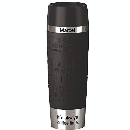 Sterngraf Emsa Isolierbecher MIT Gravur - Oben & UNTEN - (z.B. Namen) TRAVEL Mug Grande XXL 500ml Schwarz, 4h heiß/ 8h kalt, 100% dicht, auslaufsicher, Kaffee & Tee Thermo to-go-Becher