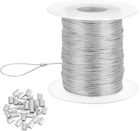 PH PandaHall 328 Feet 0.5mm Heavy Duty Picture Hanging Wire, 304 Stainless Steel Photo Frame Hanging Wire with 30 pcs Aluminum Crimping Loop Sleeve for Mirrors Frames, Load Capacity 9.7LB