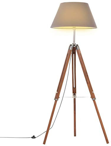 pedkit Lámpara de pie,luz de Piso LED Regulable Modernas para Salón Lámpara de trípode Madera Maciza de Teca marrón y Gris 141 cm