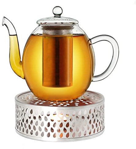Creano Glass Teapot 1500ml with Warmer - Stovetop Safe Tea Kettle with Stainless Steel Infuser and Glass Lid, Ideal for Preparing Loose Teas - Drip Free