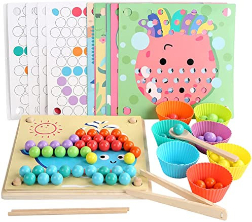 LADVATKIN Hölzerne Colorrow - Montessori-Familienspiele, Holz Clip Beads Brettspiel, Color Row Puzzle Board Spielzeug, Rainbow Bead Kinder Hände Augen Gehirn Training Vorschule Lernspielzeug Geschenk