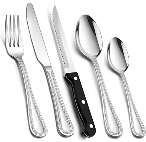 30 Piece Cutlery Set with Steak Knives, Homikit Stainless Steel Flatware Silverware Sets Service for 6 People, Pearled Edge Tableware Included Knives Forks Spoons, Mirror Polished, Dishwasher Safe