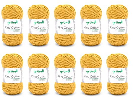 Gründl King Cotton (mjukt och voluminöst stick- och virkgarn tillverkat av 55% polyakryl och 45% bomull, 50 g/78 m, nåltjocklek: 6–7, 10 x 50 g), guld