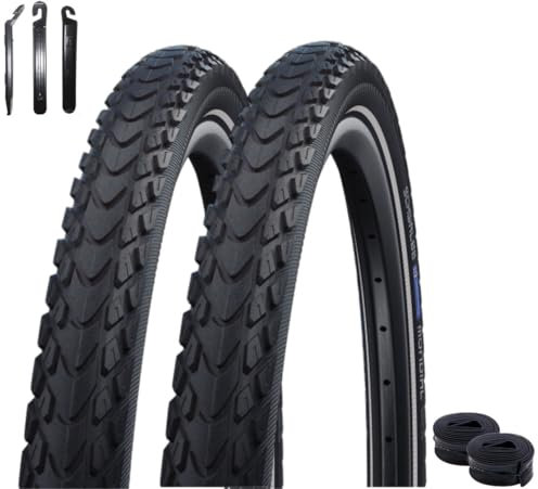 maxxi4you 2 x Schwalbe Marathon Mondial Performance Fahrradreifen RaceGuard E-50 Schwarz/Reflex 42-622 (28 x 1.60) + 2 Schwalbe SV17 Schläuche inkl. maxxi4you Reifenheber