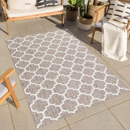 Carpet City Tappeto Outdoor Resistente alle Intemperie - Beige - 150x150 cm Quadrato - Marocchino - Tappeto per Balcone Idrorepellente - Tappeto per Interni ed Esterni per Terrazza, Giardino, Cucina