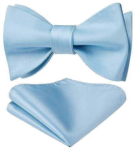 HISDERN Fliege Herren Hellblau Fliegen mit Einstecktuch Set zum Selbstbinden Einfarbige Schleife Smoking Fliege und Taschentuch für Hochzeit