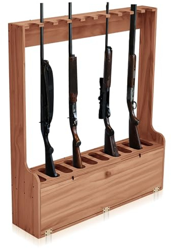 Soaoo Waffenständer für 10 lange Waffen, Holzgewehrständer, Bodenständer, Gewehrständer, Präsentationshalter, Ständer mit Aufbewahrung für Schusswaffen, Aufbewahrung, Heimzubehör, Büro (Nussbaum)