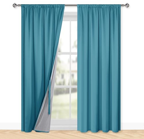 XWZO 100% Blickdichte Vorhänge Wohnzimmer, Vorhänge mit Kräuselband, Gardinen Schlafzimmer, Doppellagige Dicke Verdunklungsvorhänge Thermovorhang Kälteschutz, 245x140 cm(HxB) Tealblau 2er Set
