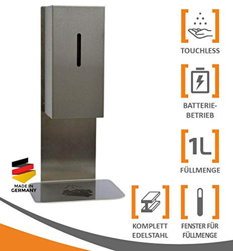 MyMAXXI | Mobiler Hand Desinfektionsmittelspender Sensor Steel Tisch & Tresen Edelstahl Set 12x 1L Desinfektionsmittel stehend automatisch | touchless Disinfection | Desinfektionsspender Standfuß