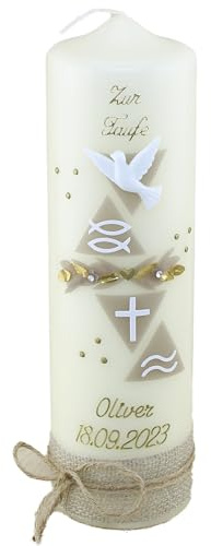 Cerziies® Taufkerze OLIVER Junge oder Mädchen mit Name und Datum, individuell und handverziert 2160