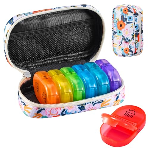 Serfeymi Tablettenbox 7 Tage Morgens Abends Pillendose 7 Tage 2 Fächer Regenbogen Medikamentenbox Tabletten Organizer mit Tragbarem Reißverschluss Canvas Tasche für Medikamente, Fischöle – Blüte 01