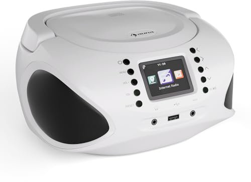 AUNA Roadie Smart Lecteur CD Portable – Bluetooth Boombox avec Radio Dab+/FM/Internet, Lecteur CD/Mp3, Écran Tft 2,4, Batterie, Haut-Parleurs 3W, USB/Aux, Blanc