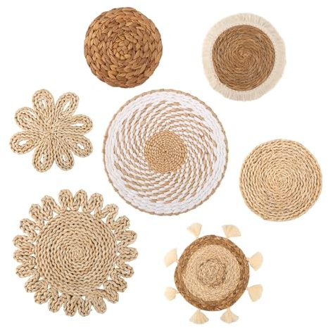 Gitohoni Boho Wandkorb Dekoration Set - Geflochtene Rattan Weide Runde Körbe, 7 Packs handgefertigte hängende Wand Kunst flach für die Dekoration Bauernhof Zimmer Tabelle Einstellungen