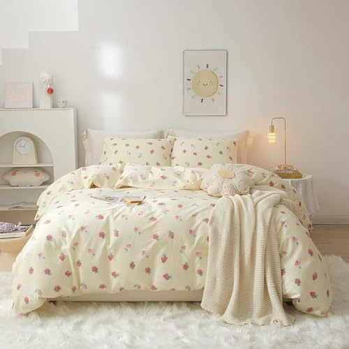 Lanqinglv Mädchen Bettwäsche 135x200 4Teilig Erdbeeren Rosa Creme | ÖKO-TEX Zertifiziert,Kinder WendeBettwäsche für Allergiker,Atmungsaktiv Bettbezug und 2 Kissenbezüge 80x80 mit Reißverschluss