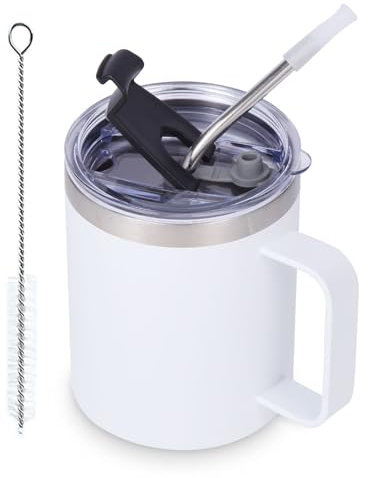 Volhoply Tazza da caffè isolata a tenuta stagna, con coperchio a ribalta e cannuccia, a doppia parete, in acciaio inox, con manico, riutilizzabile, per campeggio, mantiene freddo/caldo (bianco, 1 set)