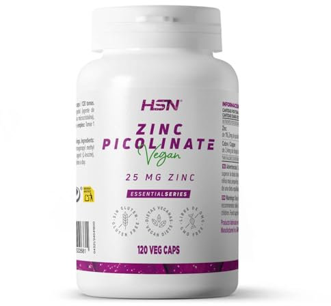 HSN ZINC 25 MG | 120 Cápsulas Vegetales | Picolinato de Zinc de Alta Biodisponibilidad con Cobre | 25mg de Zinc Mineral Elemental = 1 Cápsula Vegetal | No-GMO, Vegano, Sin Gluten