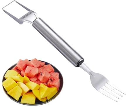 Affettatrice a forchetta per anguria, in acciaio inox, 2 in 1, utensile da cucina, portatile, per tagliare la frutta, gadget da cucina per casa, campeggio, picnic, ristorante