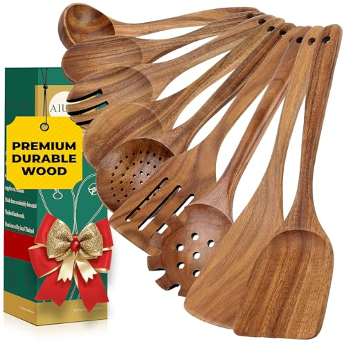 AIUHI Küchenutensilien-Set aus natürlichem Teakholz, 9-teiliges Set mit Holzlöffeln zum Kochen, Kochutensilien-Set für antihaftbeschichtetes Kochgeschirr, langlebig und hitzebeständig