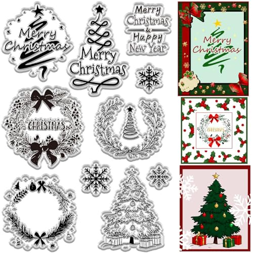 CRASPIRE Weihnachtskranz Stempel Aus Transparentem Gummi Weihnachtsbäume Schneeflocke Wiederverwendbare Transparente Silikonstempelsiegel Für Weihnachten Winter Journaling Kartenherstellung Dekoration