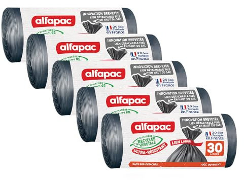 alfapac - 20 sacs-poubelle 30L à Lien Large Ultra-Resistant - Fabriqués en France - Bi-matière Recyclée & Végétale - Noir - Lot de 5