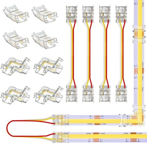 CCT COB LED Streifen Steckverbinder Set für 10MM Breite COB Streifen 3Pin und 4Pin, 4 Stück Transparente Mittelverbinder, 4 Stück L-Form, und 4 Stück Dual-End Verlängerungsdrähte 13CM