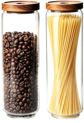 Glass Jars with Airtight Wood Lids - 1700 ML Large Tall Kitchen Pantry Storage Containers, Decorative Canister for Pasta, Fusilli, Spaghetti, Noodles, Coffee Beans, Cereal, Oats, Tea, Nuts, Set of 2