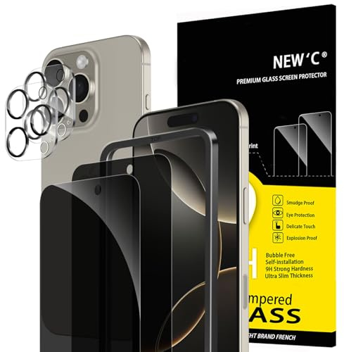 NEW'C 2 x Sichtschutz für iPhone 16 Pro für Panzerglas (6,3 Zoll) und 2 x Kamera Panzer Schutz Glas Kameraschutz -Einfaches Installationswerkzeug enthalten-Verbesserter 28-Grad-schutzwinkel