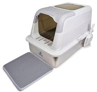 Lettiera per gatti in acciaio inox, chiusa, XXL, 61 x 40 x 44 cm, grande lettiera per gatti in acciaio inox con filtro, a prova di perdite, antiodore, facile da pulire