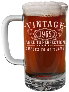 Vintage 1965 Etched 16oz Glass Beer Mug Stein – Happy 60th Birthday Gifts for Men Women, Cheers to Turning 60 Year Old Man Decoration Decor, Anniversary Bday Party Favors Supplies, Gift Idea Him 1.0