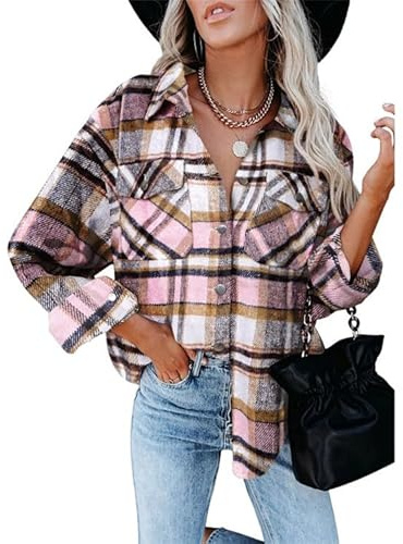 FUNSEED Chemise boutonnée en flanelle à carreaux pour femme - Chemise décontractée à manches longues avec poche