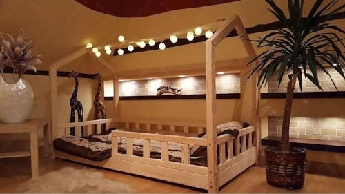 Holzti - Hausbett 200x160cm, mit Schubladen, Weiß - Kinderbett aus Holz, mit Lattenrost und abnehmbarem Rausfallschutz - Bodenbett bis 180 kg Belastbar, aus Kiefernholz - für Mädchen, Junge