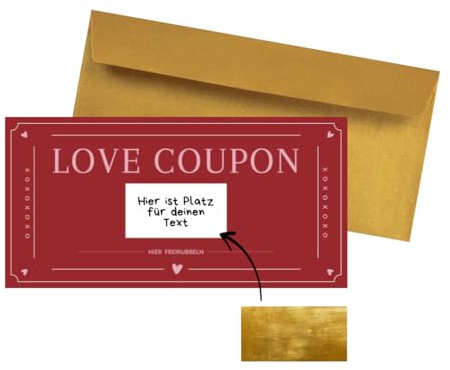 PuK Love Coupon zum selber ausfüllen mit Rubbelaufkleber | Rubbelkarte zum selbst beschriften | Geschenk für Valentinstag Geburtstagskarte Jahrestag Liebe Rubbelkarte Überraschung Gutschein (Rot)