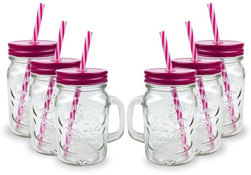 AIBULO 6 Pack 500ml Pink Mason Jars with Lids and Straws – Premium Reusable Glass Drinking Jars for Smoothies, Juices, Iced Coffee, Milkshakes, Bubble Tea – Durable Wide-Mouth Mason Jar Set