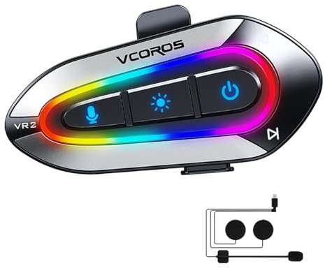 VCOROS Écouteurs Casque Moto,VR2 Lumière RGB Casque Bluetooth,Étanche IPX6 Kit Main Libre Moto pour AI Commande Vocale Haut Parleur Mains Libres,Contrôle d'appel Musique