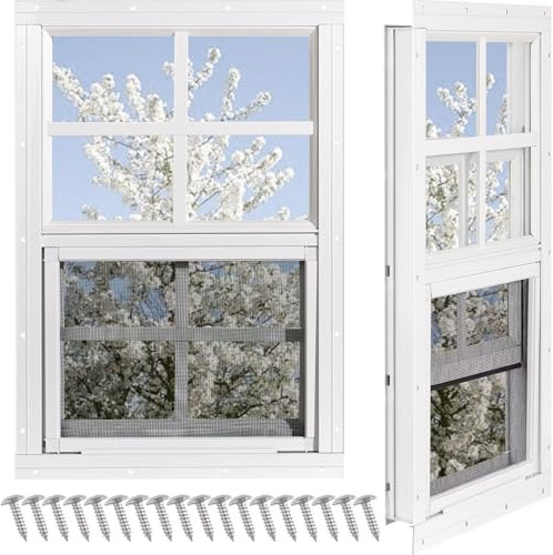 NOTASA Shed Windows 2 Pack, Chicken Coop Windows 24 x 27 with Tempered Glass and Fiberglass Screen, Flush Mounted Small Window for Shed, Barns, Playhouse, Household, Garage (White)