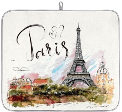 Tapete de secado de platos de la Torre Eiffel de París para encimera de cocina, torre Eiffel, tapete absorbente para máquina de café, tapete escurridor de platos de microfibra antideslizante, 16 x 18